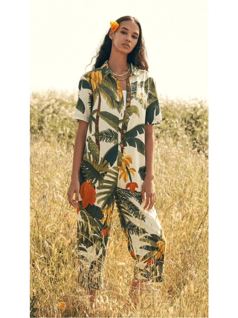 Farm Rio White Cocoa Forest Green Jumpsuit Short Sleeves